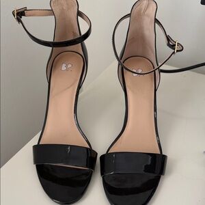 BP Glossy Black Ankle Strap Heels